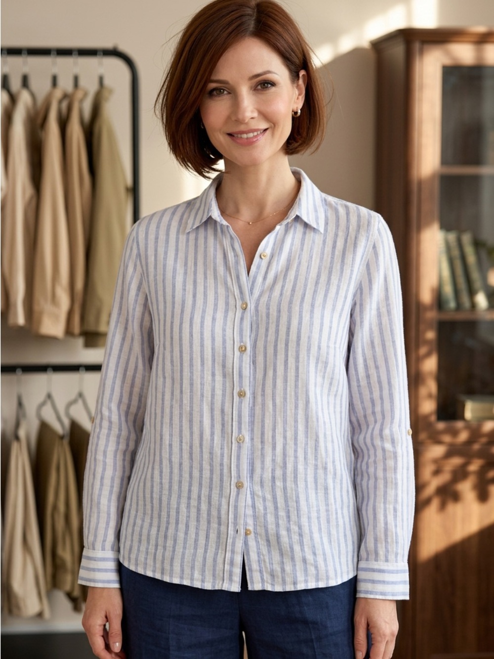 Jones New York 100% Linen Blue White Striped Button-Down Cottagecore Shirt